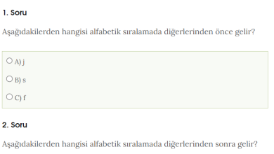 1. Sınıf Alfabetik Sıralama Online Test