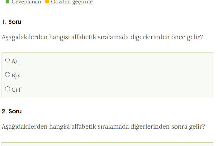 1. Sınıf Alfabetik Sıralama Online Test