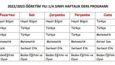 1. Sınıf Haftalık Ders Programı (2022 – 2023)