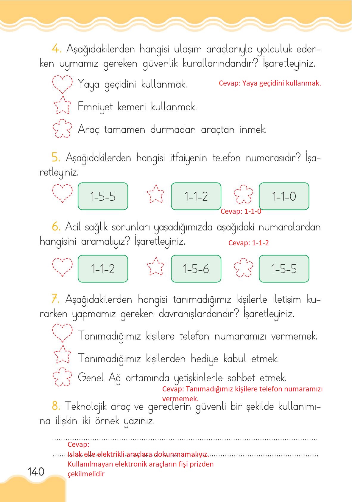 1. Sınıf Hayat Bilgisi Ardıç Yayınları Sayfa 140 Cevapları