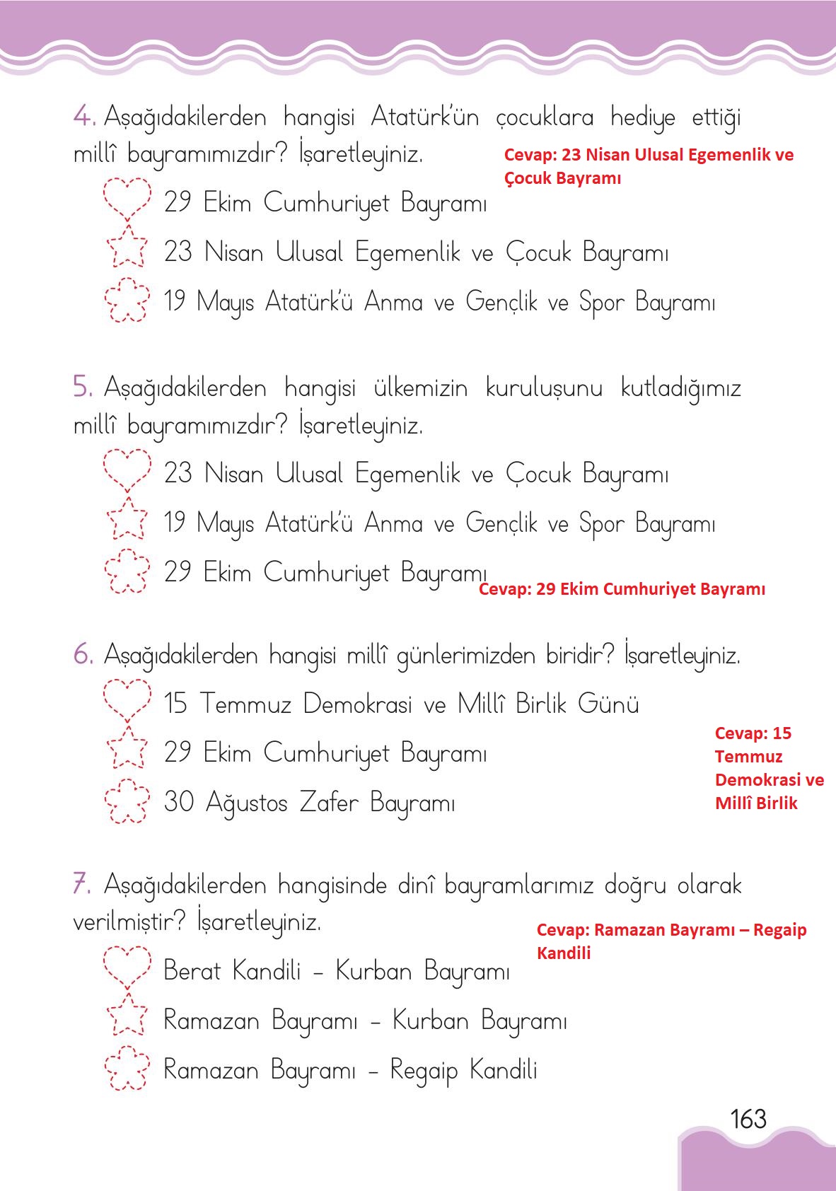 1. Sınıf Hayat Bilgisi Ardıç Yayınları Sayfa 163 Cevapları