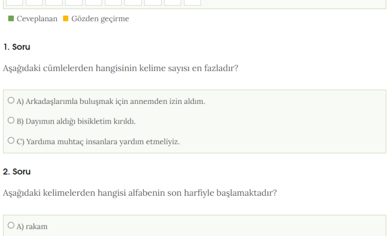 1. Sınıf Kelime Bilgisi Online Test