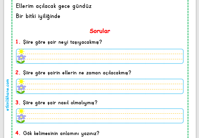 1. Sınıf Okuma Anlama Metni 4 (Anneme Verdiğim Söz Şiiri)