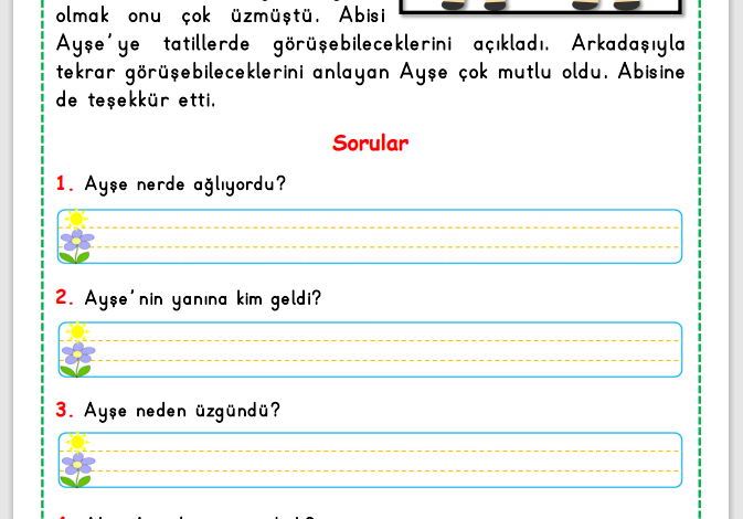 1. Sınıf Okuma Anlama Metni 5 (Arkadaşlık)