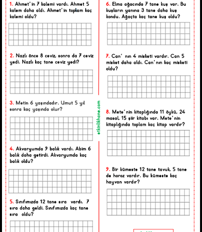 1. Sınıf Toplama İşlemi Problemleri Etkinlikleri