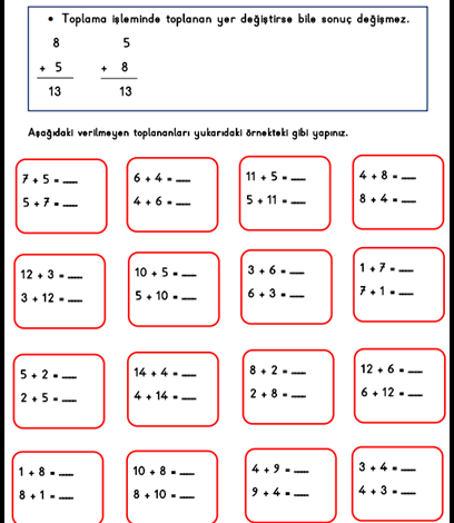 1. Sınıf Toplama İşleminde Yer Değiştirme Etkinlikleri