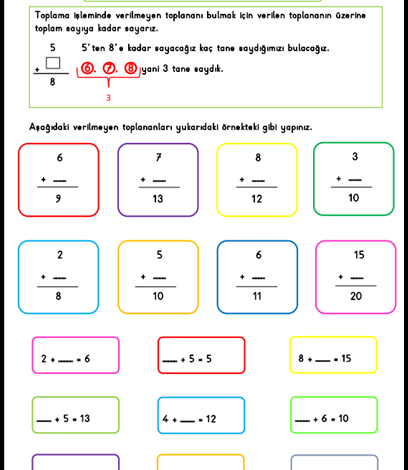 1. Sınıf Verilmeyen Toplananı Bulma Etkinlikleri