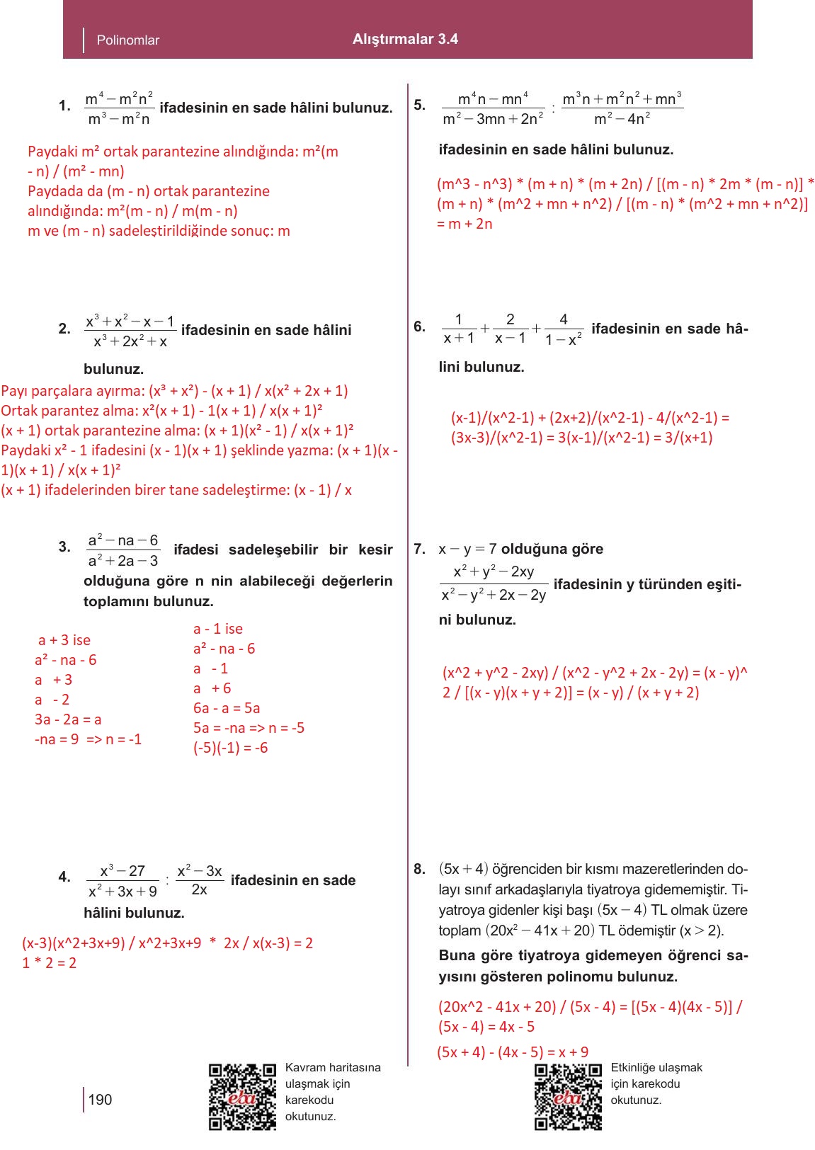 10. Sınıf Meb Yayınları Matematik Ders Kitabı Sayfa 190 Cevapları