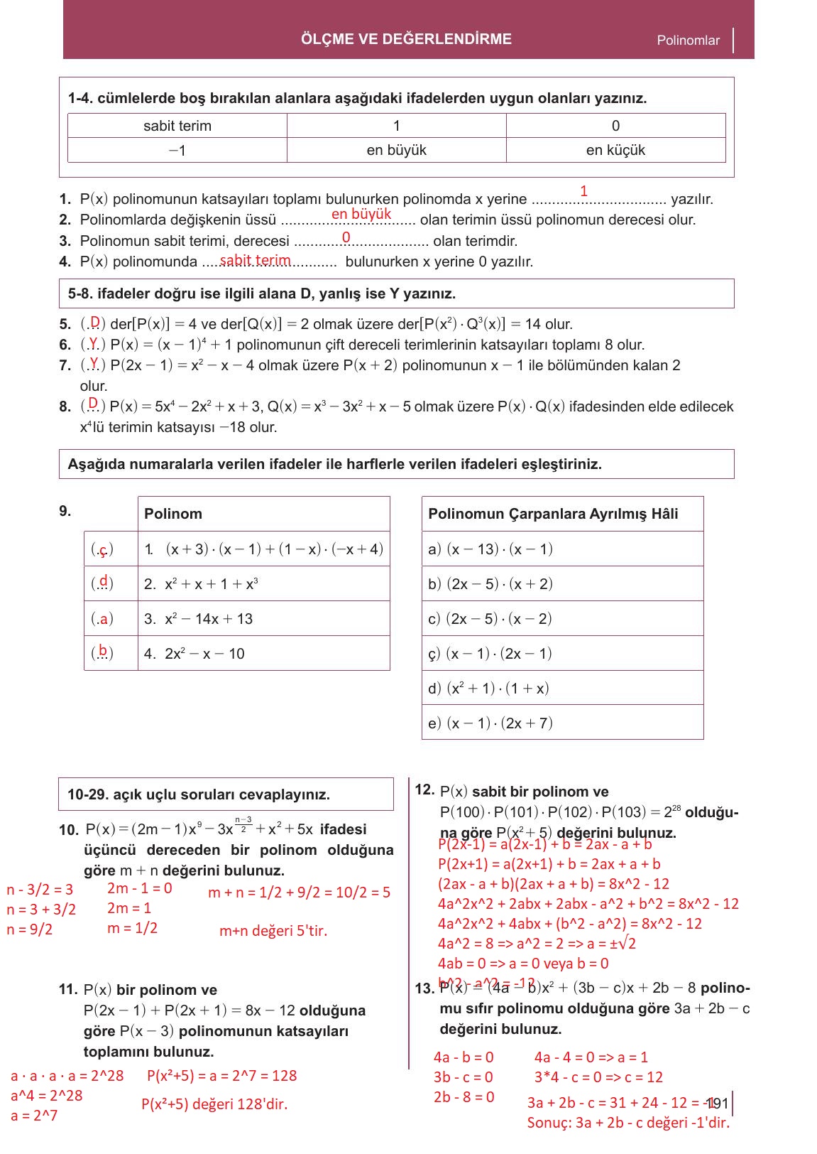 10. Sınıf Meb Yayınları Matematik Ders Kitabı Sayfa 191 Cevapları