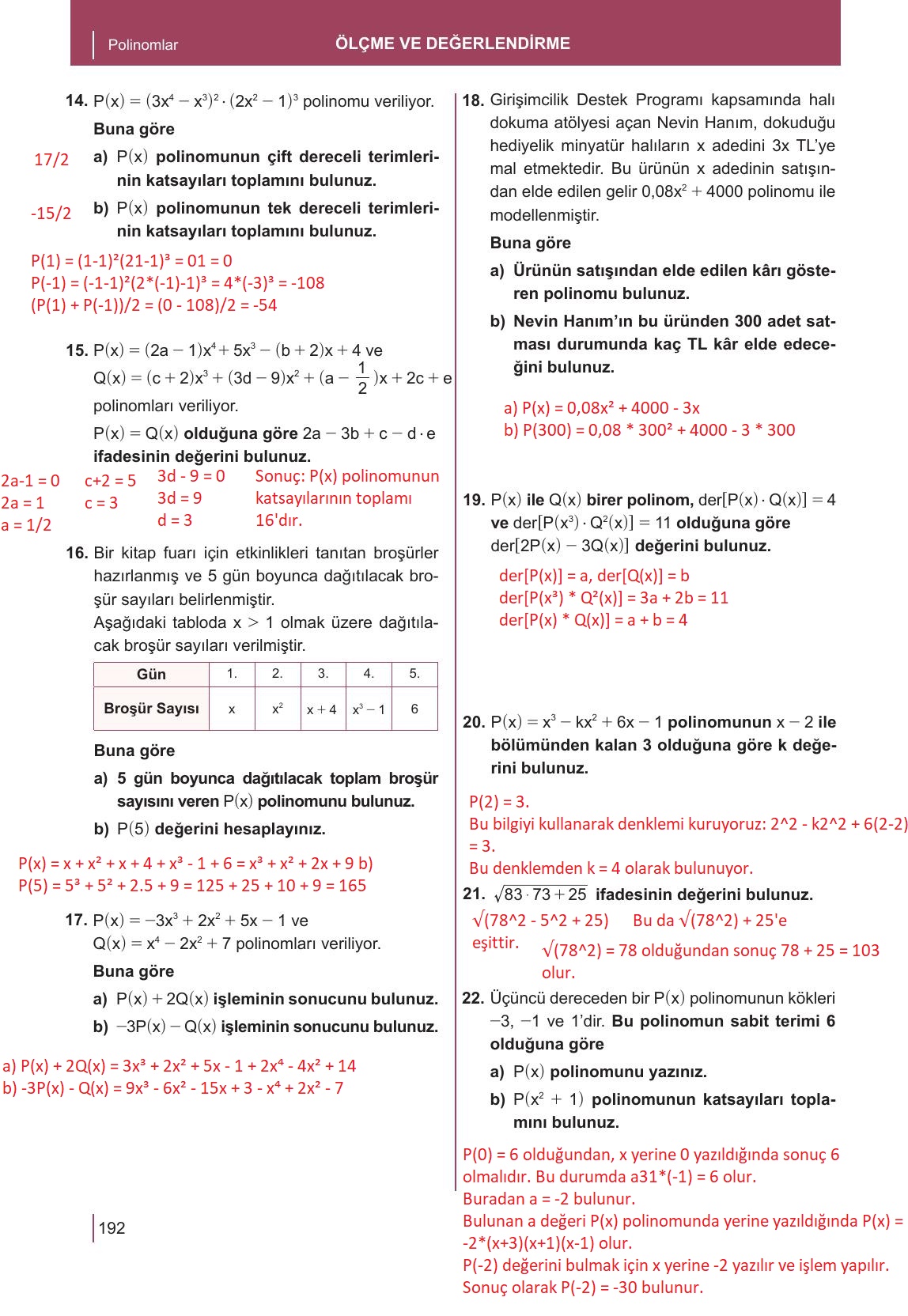 10. Sınıf Meb Yayınları Matematik Ders Kitabı Sayfa 192 Cevapları