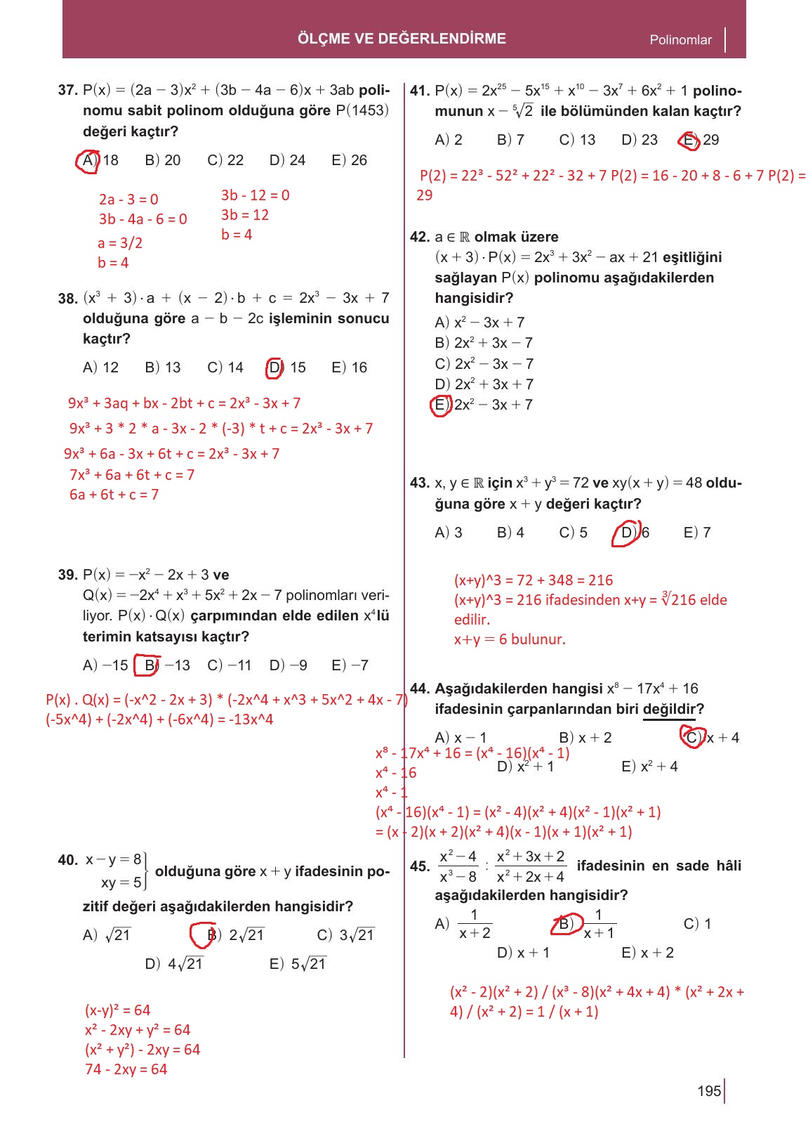 10. Sınıf Meb Yayınları Matematik Ders Kitabı Sayfa 195 Cevapları