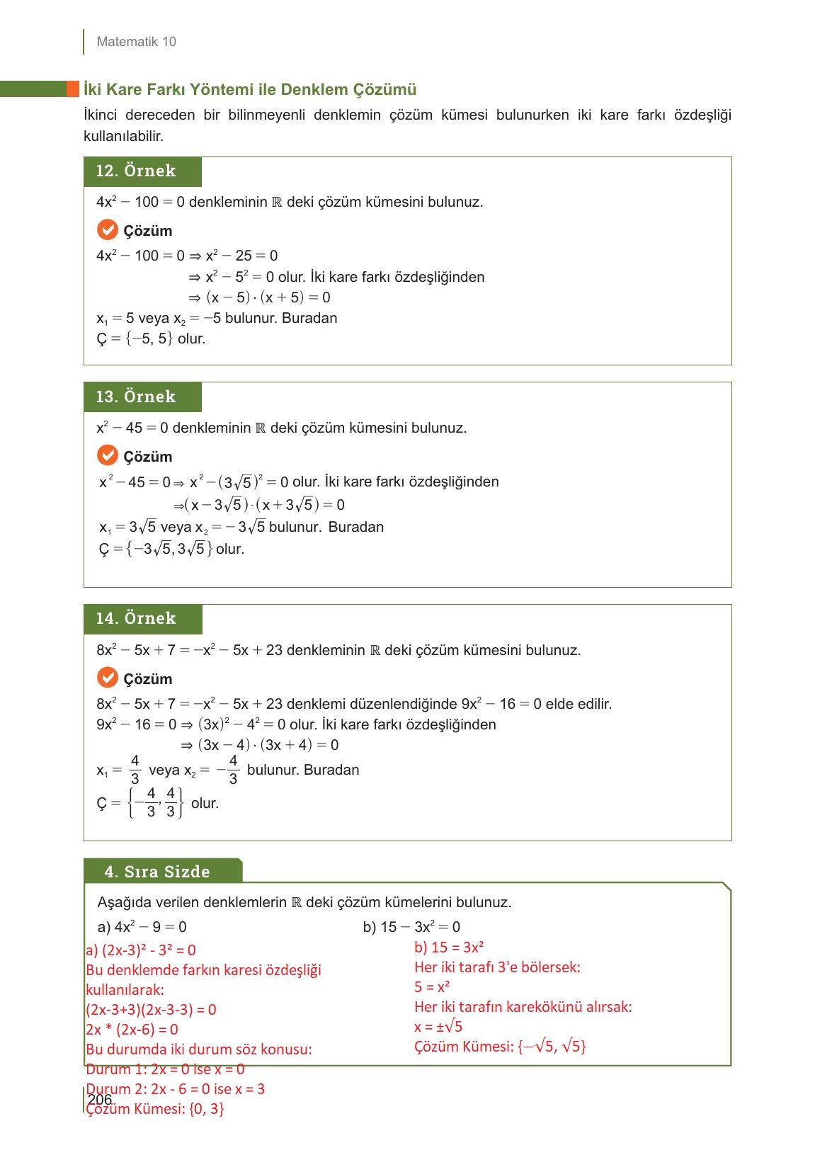 10. Sınıf Meb Yayınları Matematik Ders Kitabı Sayfa 206 Cevapları