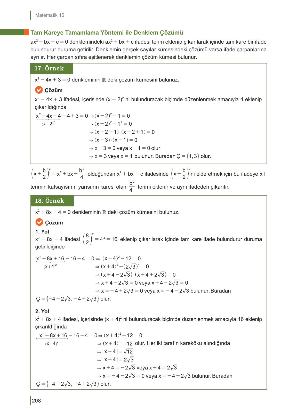 10. Sınıf Meb Yayınları Matematik Ders Kitabı Sayfa 208 Cevapları