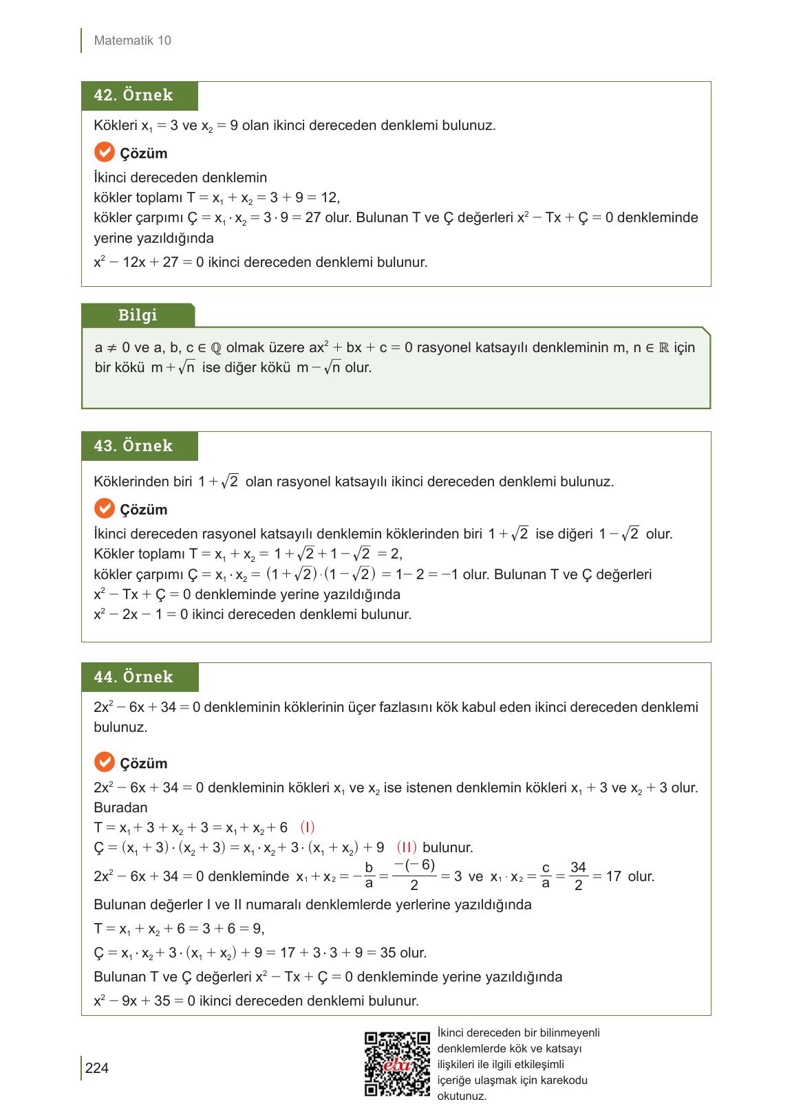 10. Sınıf Meb Yayınları Matematik Ders Kitabı Sayfa 224 Cevapları