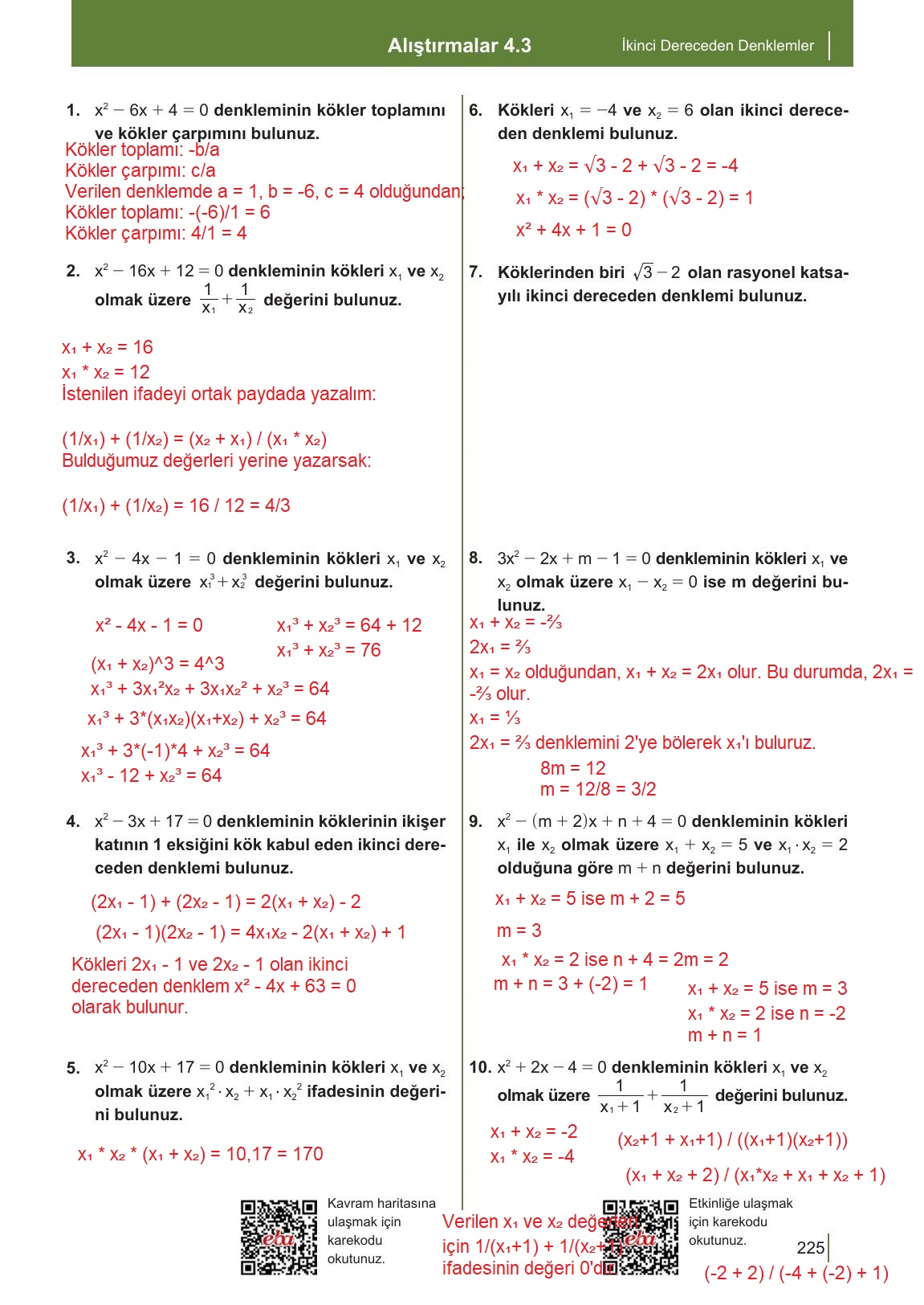 10. Sınıf Meb Yayınları Matematik Ders Kitabı Sayfa 225 Cevapları