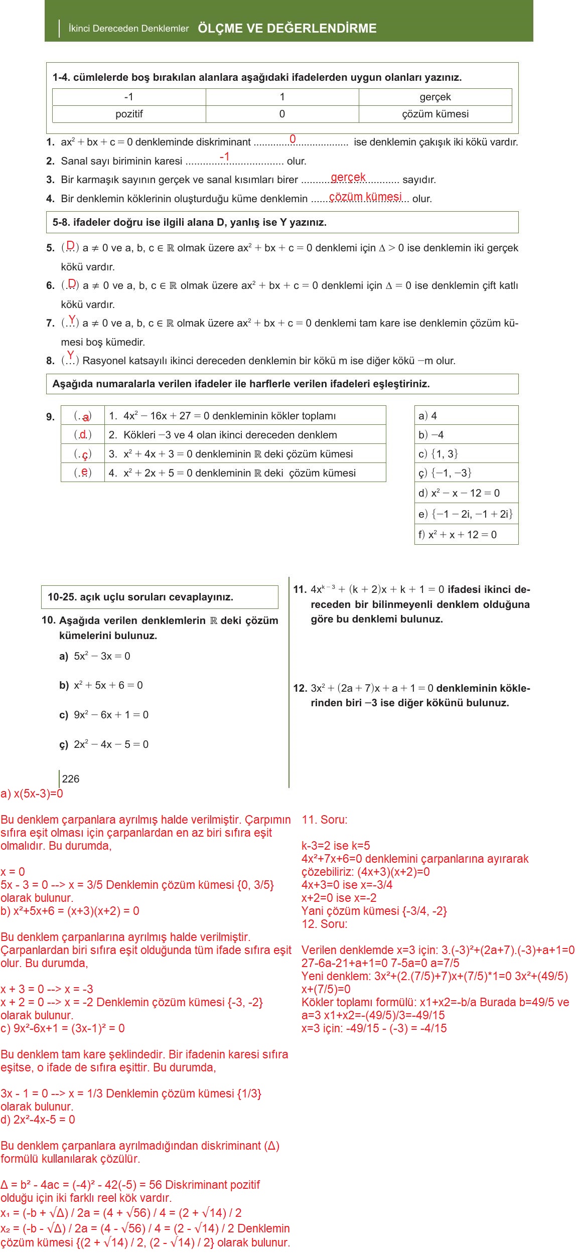 10. Sınıf Meb Yayınları Matematik Ders Kitabı Sayfa 226 Cevapları