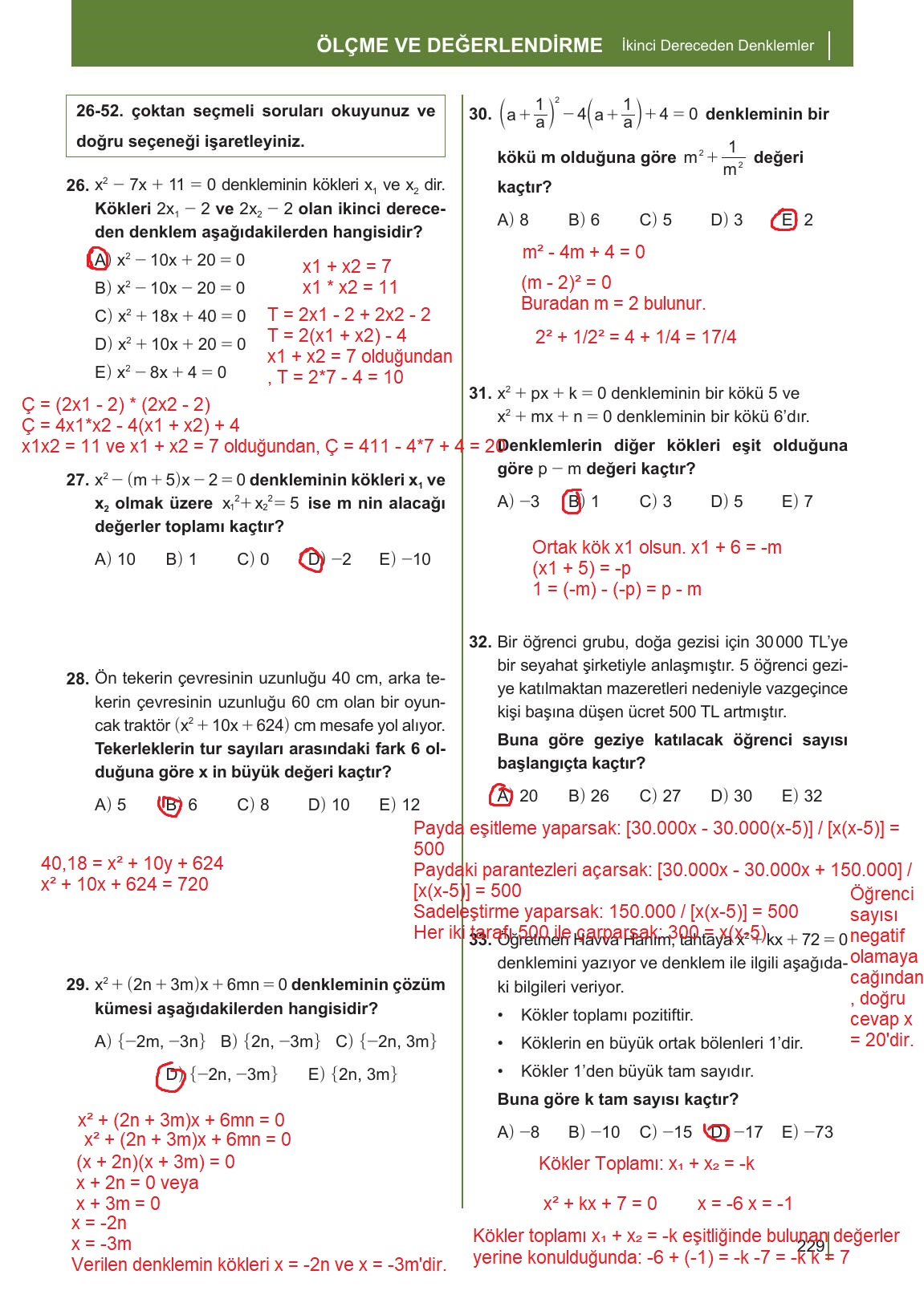 10. Sınıf Meb Yayınları Matematik Ders Kitabı Sayfa 229 Cevapları