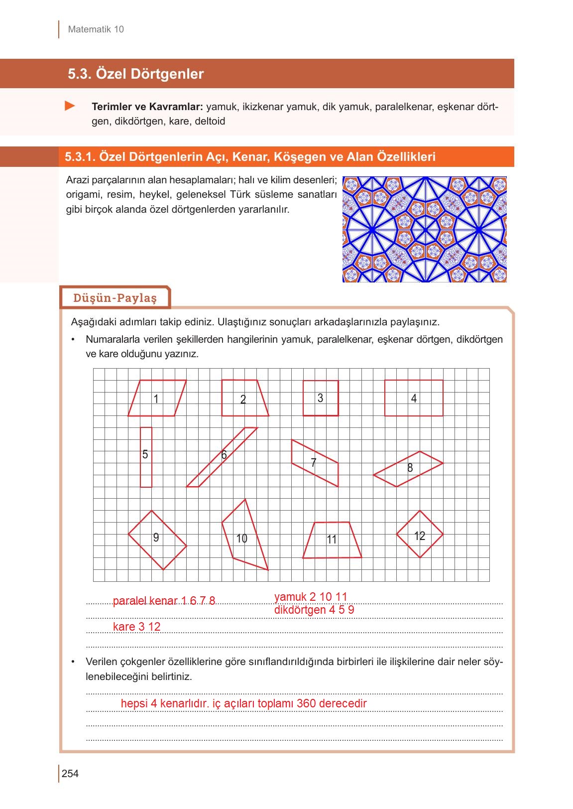 10. Sınıf Meb Yayınları Matematik Ders Kitabı Sayfa 254 Cevapları