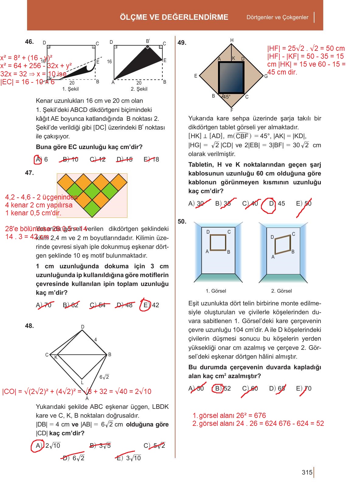 10. Sınıf Meb Yayınları Matematik Ders Kitabı Sayfa 315 Cevapları