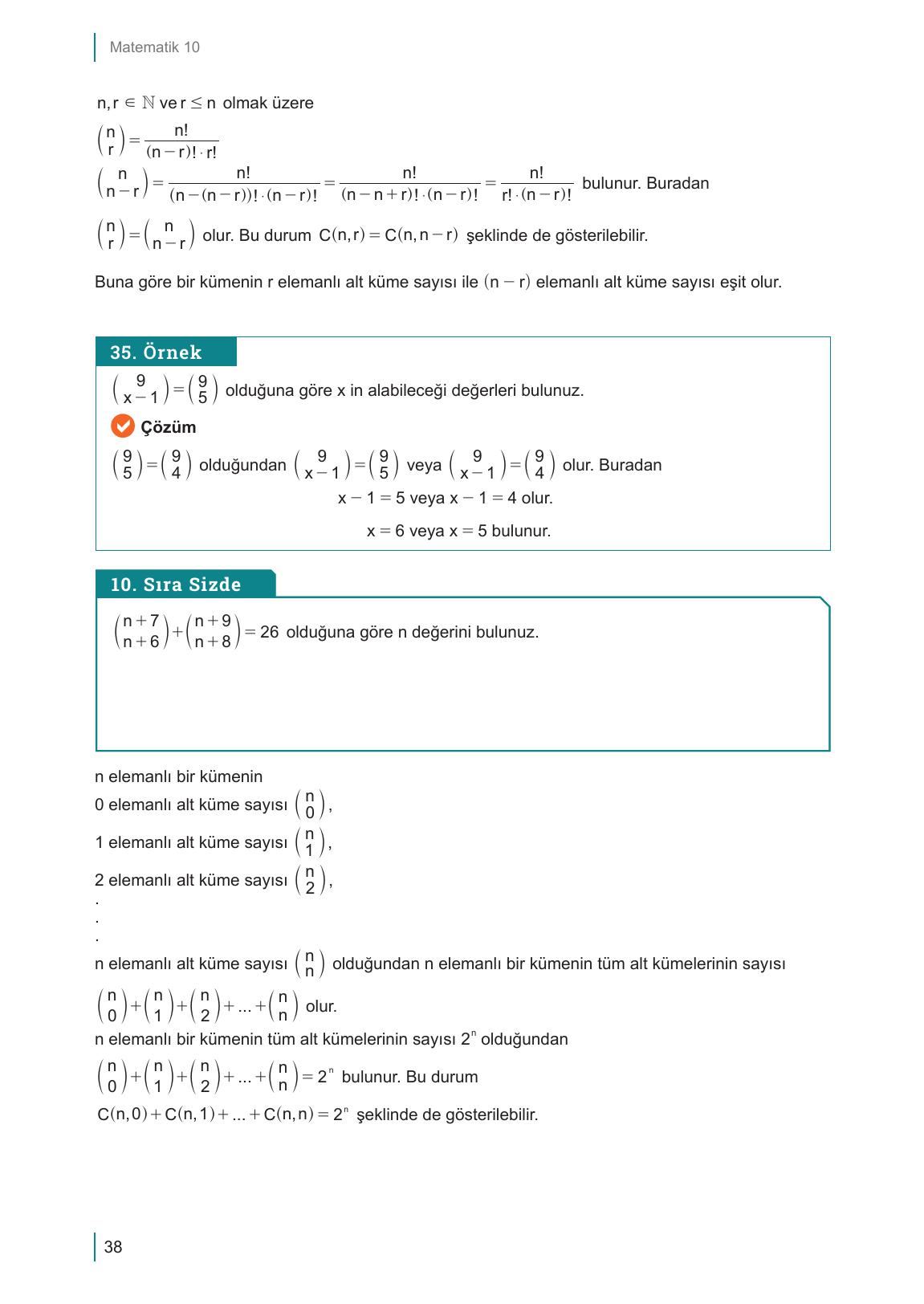 10. Sınıf Meb Yayınları Matematik Ders Kitabı Sayfa 38 Cevapları