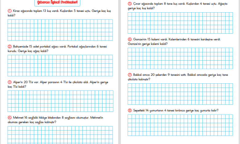 1. Sınıf Çıkarma İşlemi Problemleri – 2