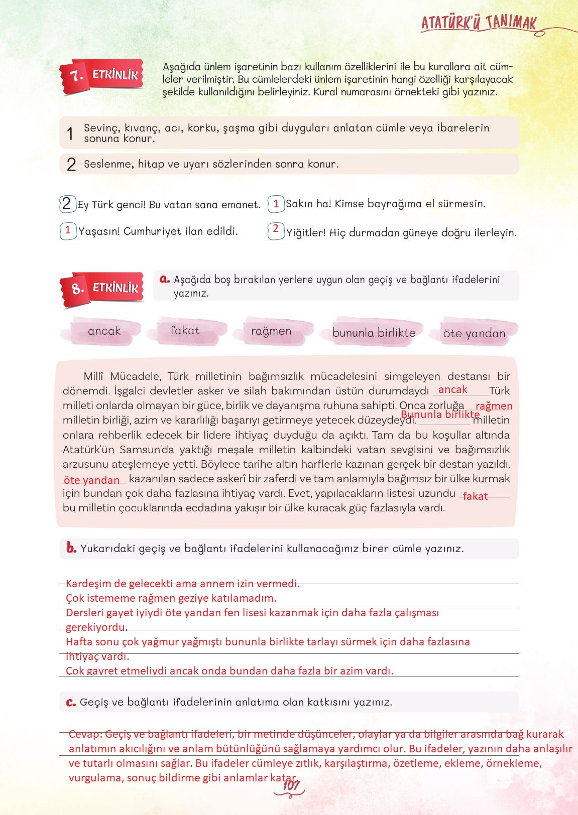 5. Sınıf Meb Yayınları Türkçe 1. Kitap Ders Kitabı Sayfa 107 Cevapları