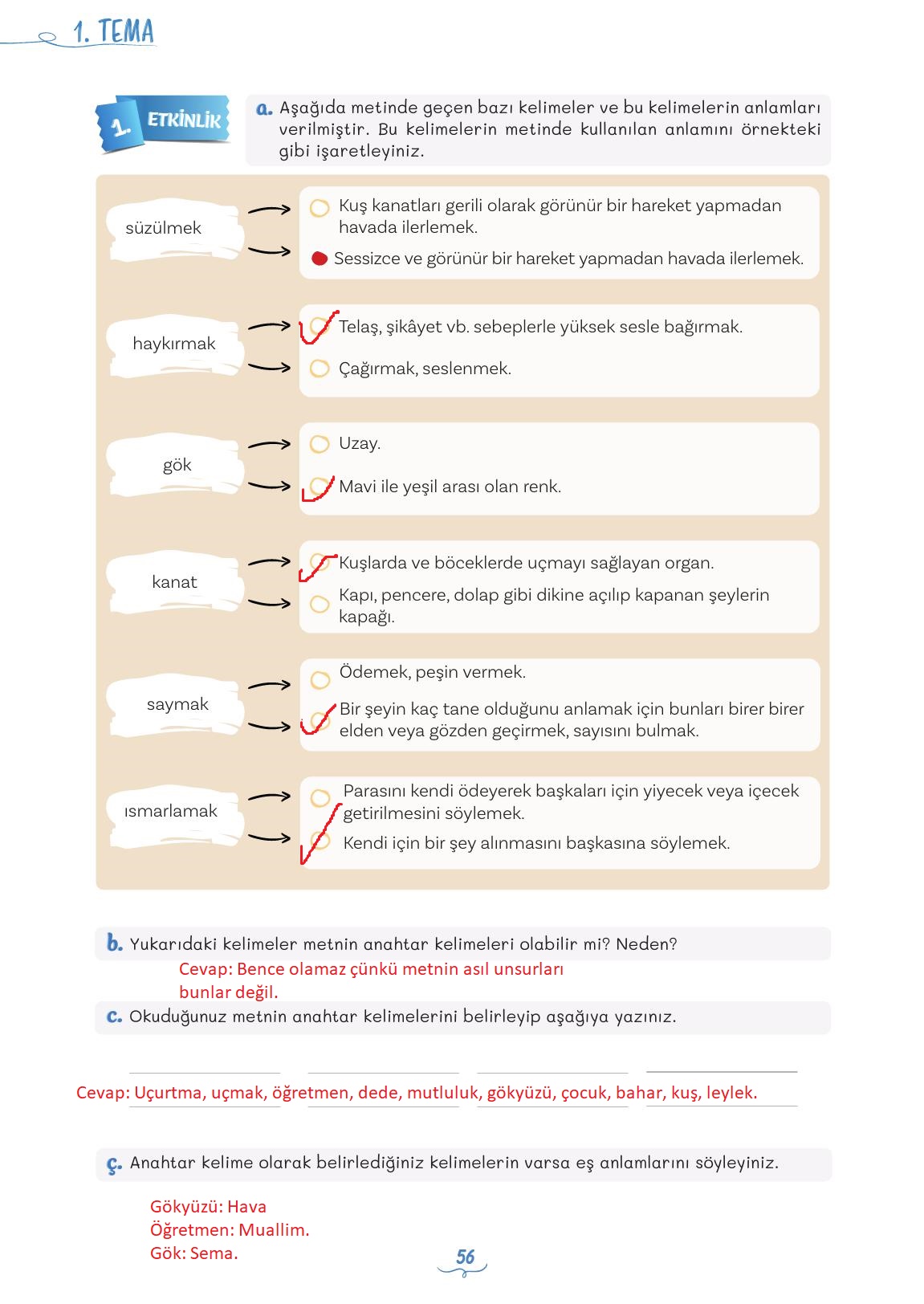 5. Sınıf Meb Yayınları Türkçe 1. Kitap Ders Kitabı Sayfa 56 Cevapları
