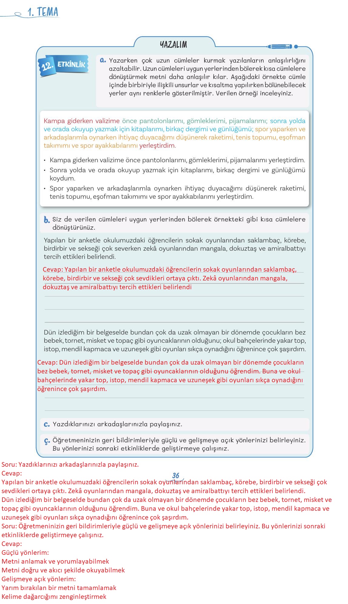 5. Sınıf Meb Yayınları Türkçe 1. Kitap Ders Kitabı Sayfa 36 Cevapları