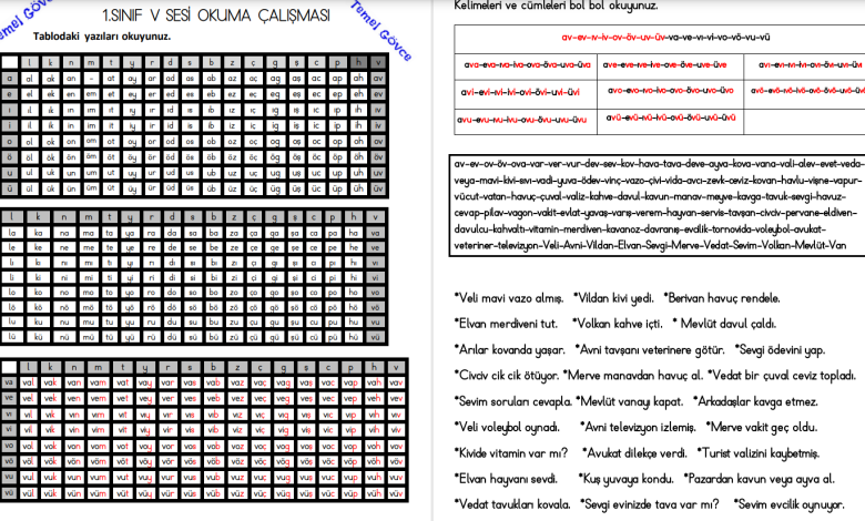 V Sesi Hece, Kelime, Cümle ve Metin Okuma Etkinlikleri