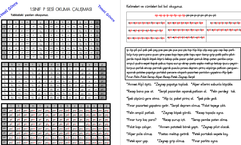 P Sesi Hece, Kelime, Cümle ve Metin Okuma Etkinlikleri