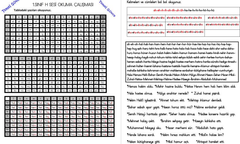H Sesi Hece, Kelime, Cümle ve Metin Okuma Etkinlikleri