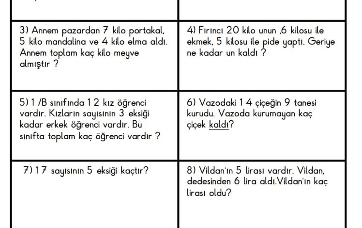 1. Sınıf Toplama ve Çıkarma Problemleri 2