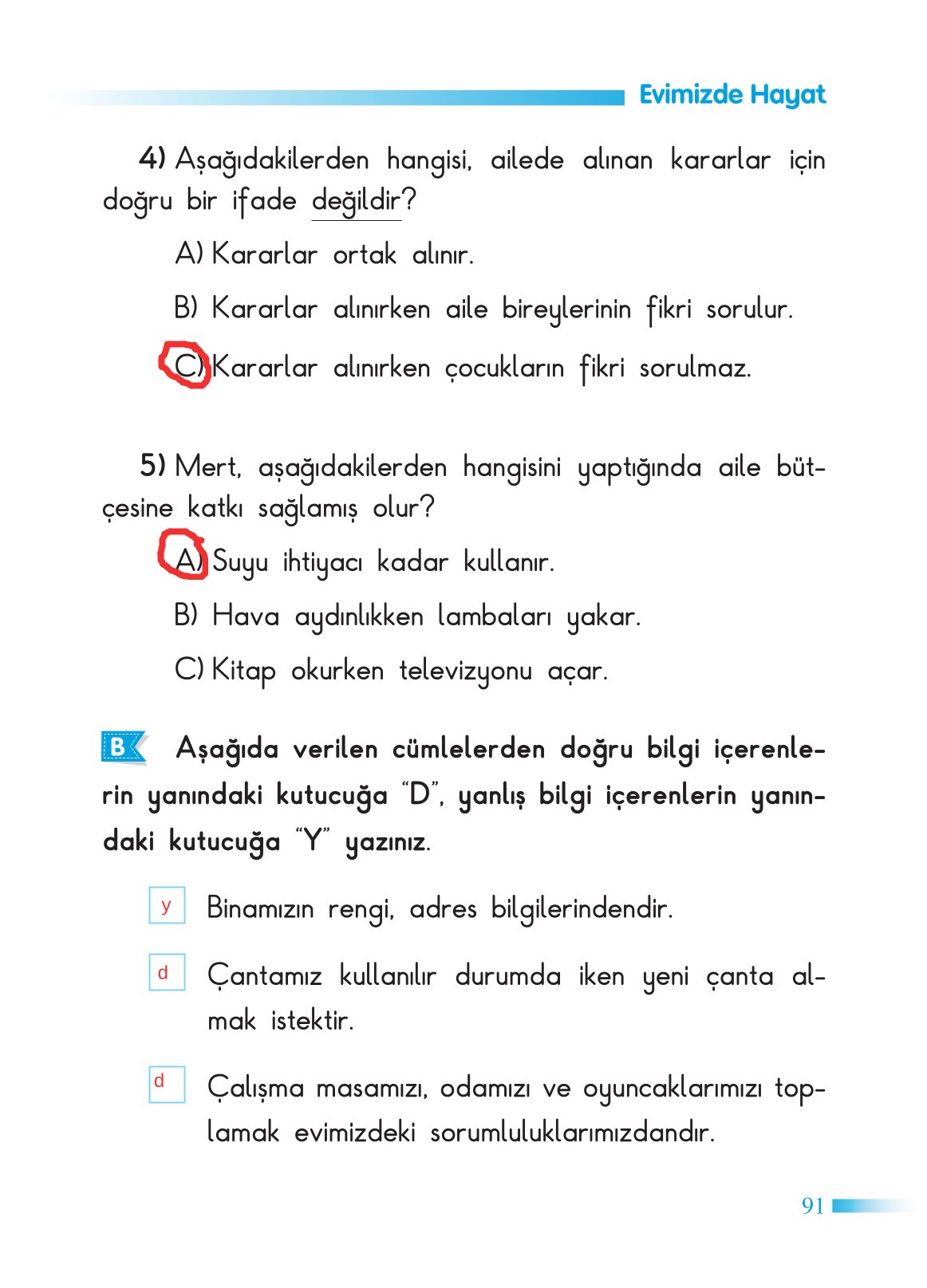 2. Sınıf Sdr Dikey Yayıncılık Hayat Bilgisi Ders Kitabı Sayfa 92 Cevapları