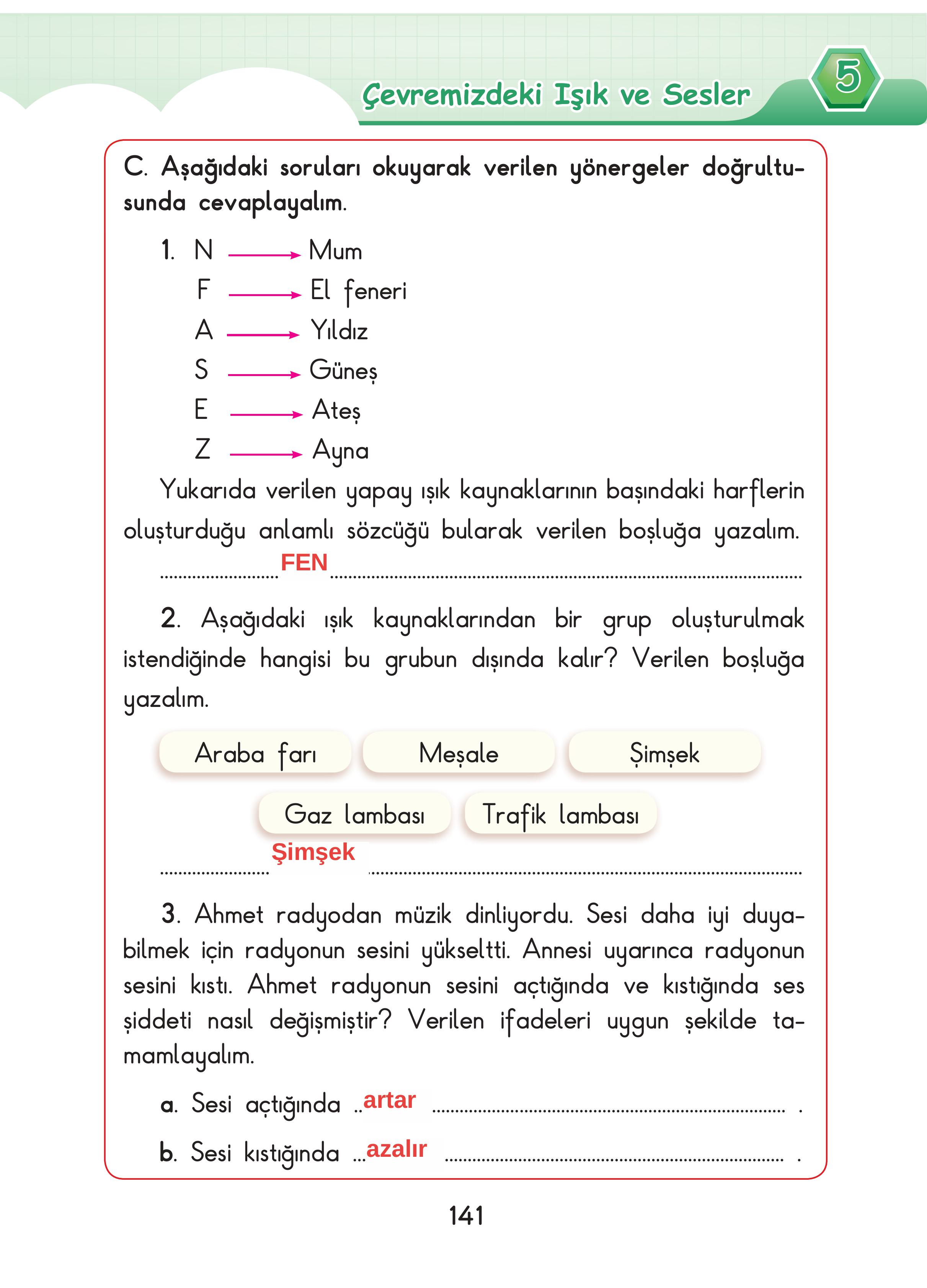 3. Sınıf Sdr Dikey Yayıncılık Fen Bilimleri Ders Kitabı Sayfa 141 Cevapları