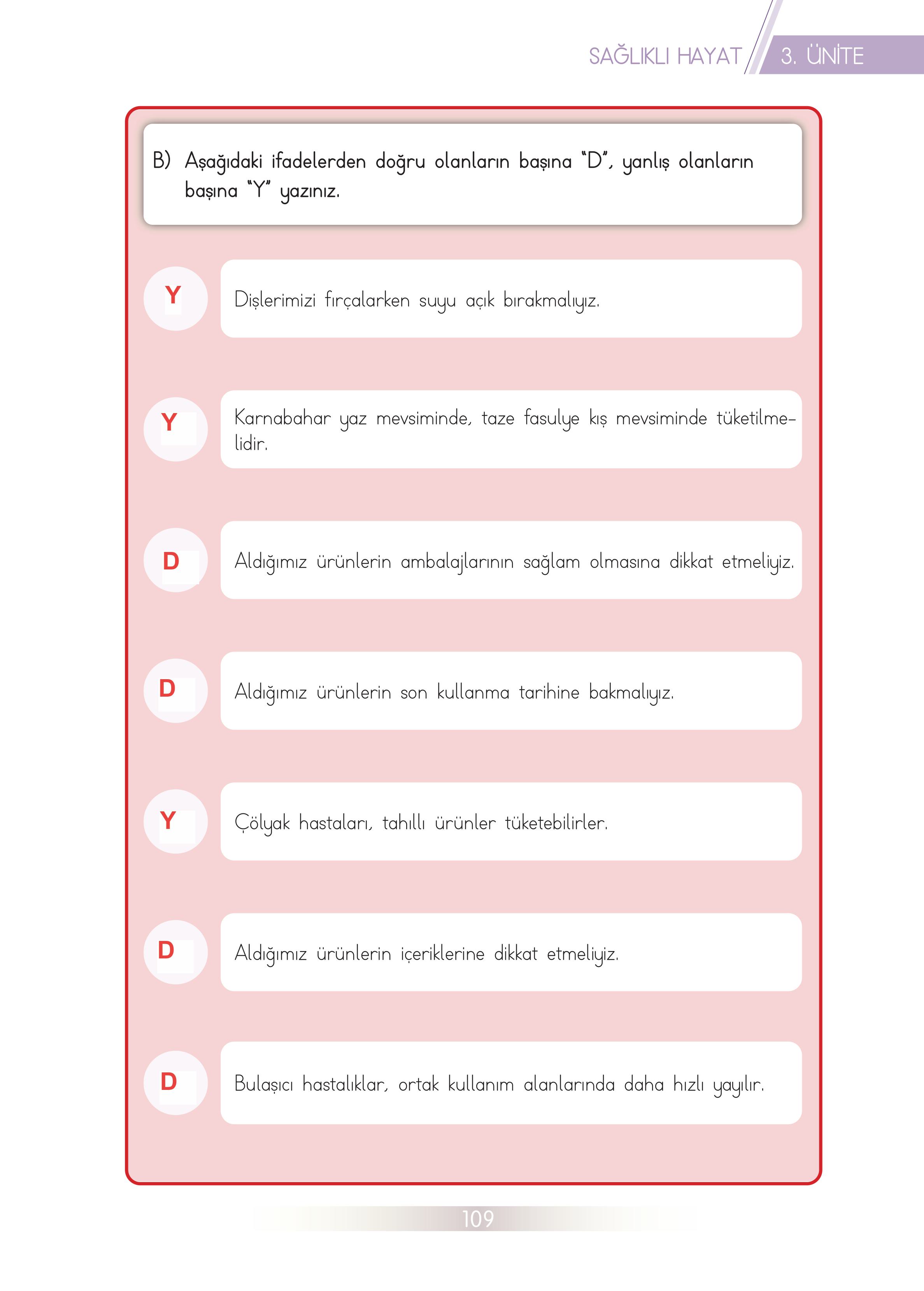 3. Sınıf Meb Yayınları Hayat Bilgisi Ders Kitabı Sayfa 109 Cevapları