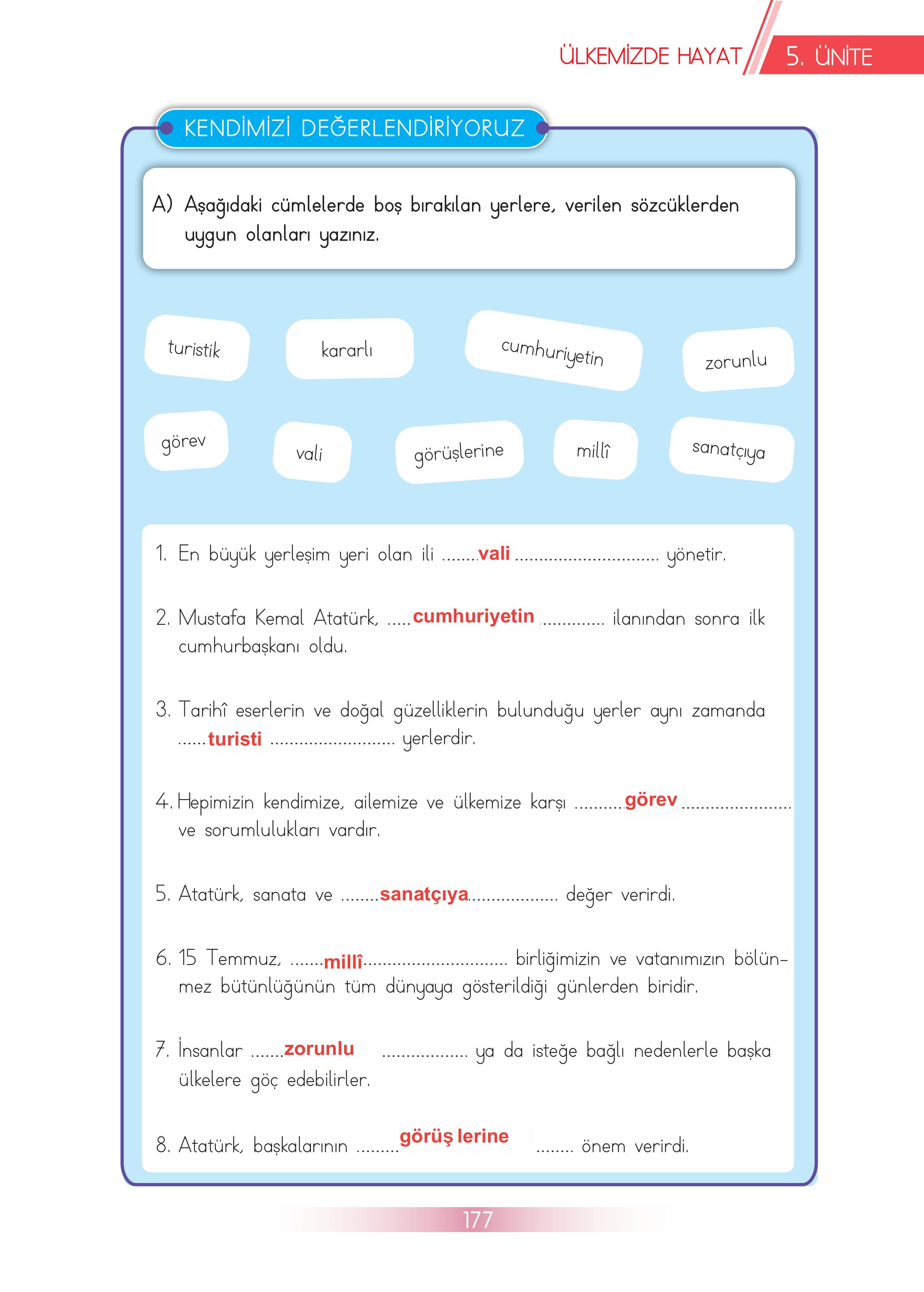 3. Sınıf Meb Yayınları Hayat Bilgisi Ders Kitabı Sayfa 177 Cevapları