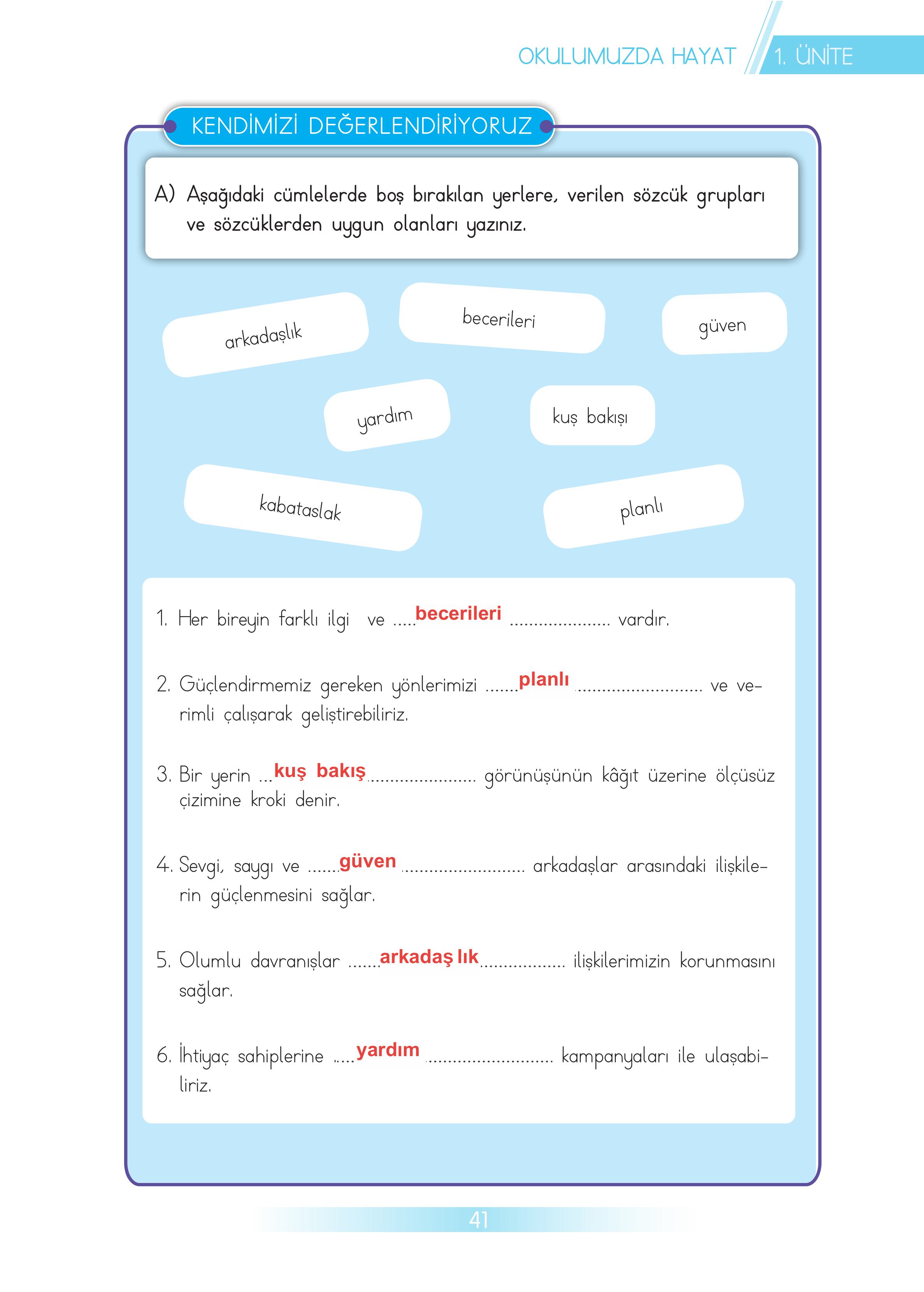 3. Sınıf Meb Yayınları Hayat Bilgisi Ders Kitabı Sayfa 41 Cevapları