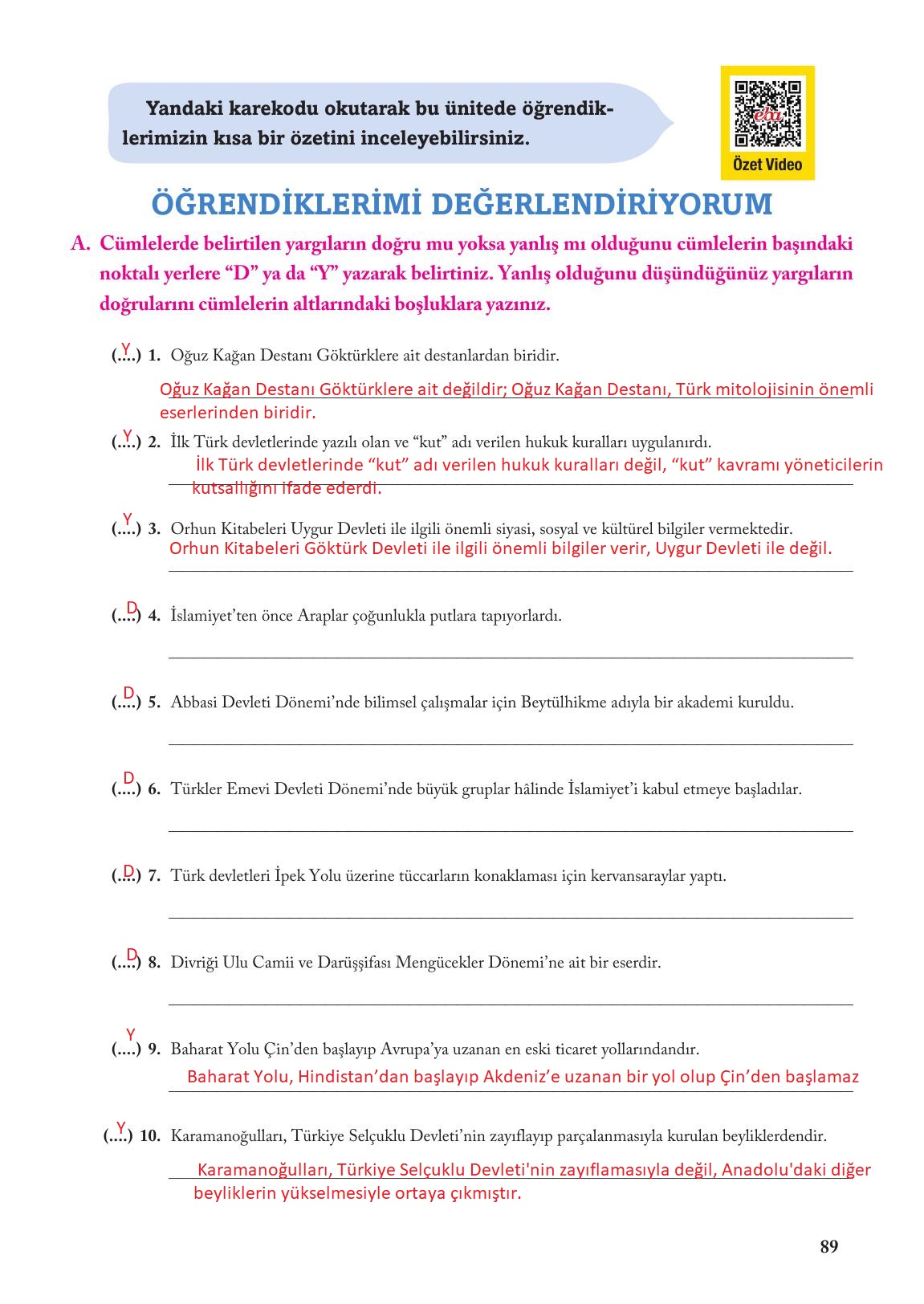 6. Sınıf Evos Yayınları Sosyal Bilgiler Ders Kitabı Sayfa 89 Cevapları