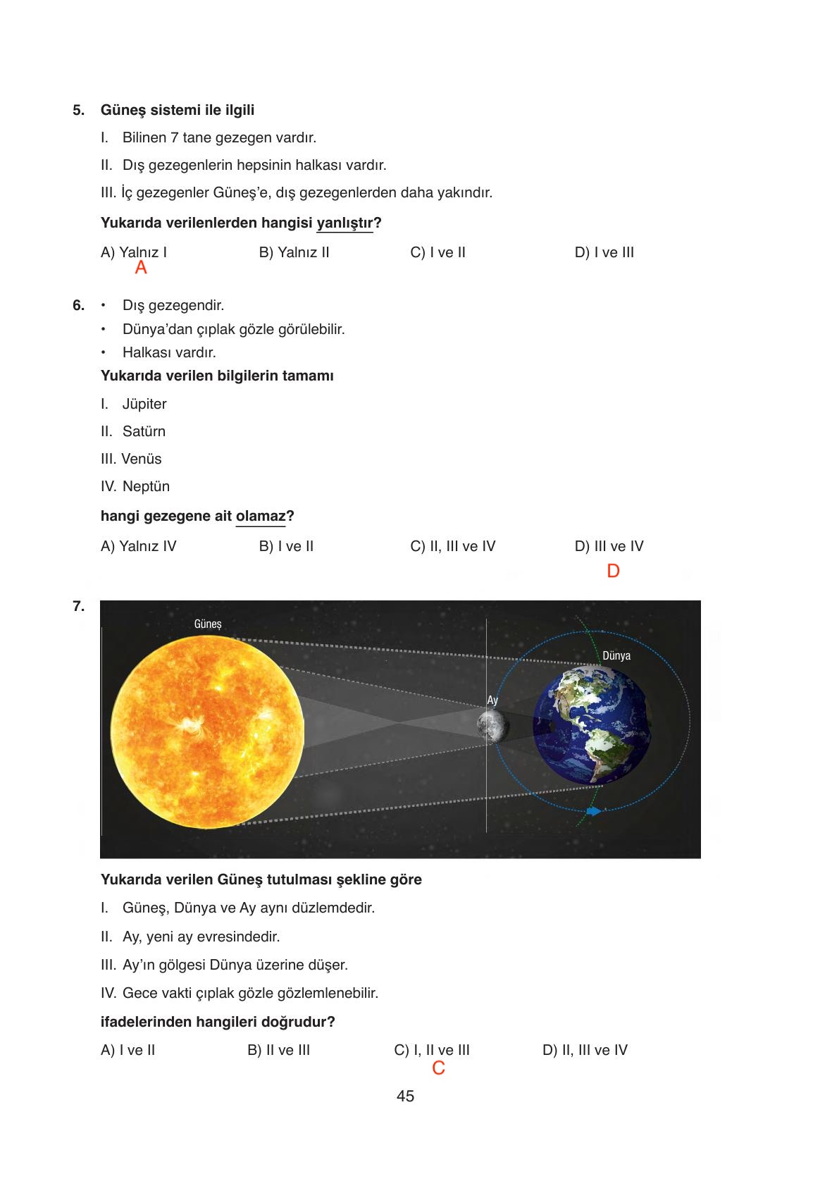 6. Sınıf Gün Yayınları Fen Bilimleri Ders Kitabı Sayfa 45 Cevapları