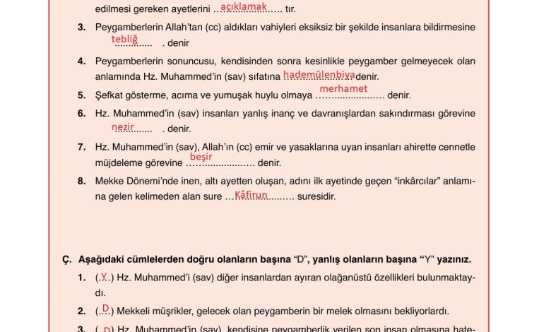 7. Sınıf Erkad Yayınları Din Kültürü Ders Kitabı Sayfa 111 Cevapları