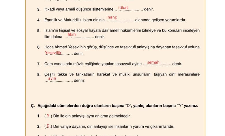 7. Sınıf Erkad Yayınları Din Kültürü Ders Kitabı Sayfa 146 Cevapları