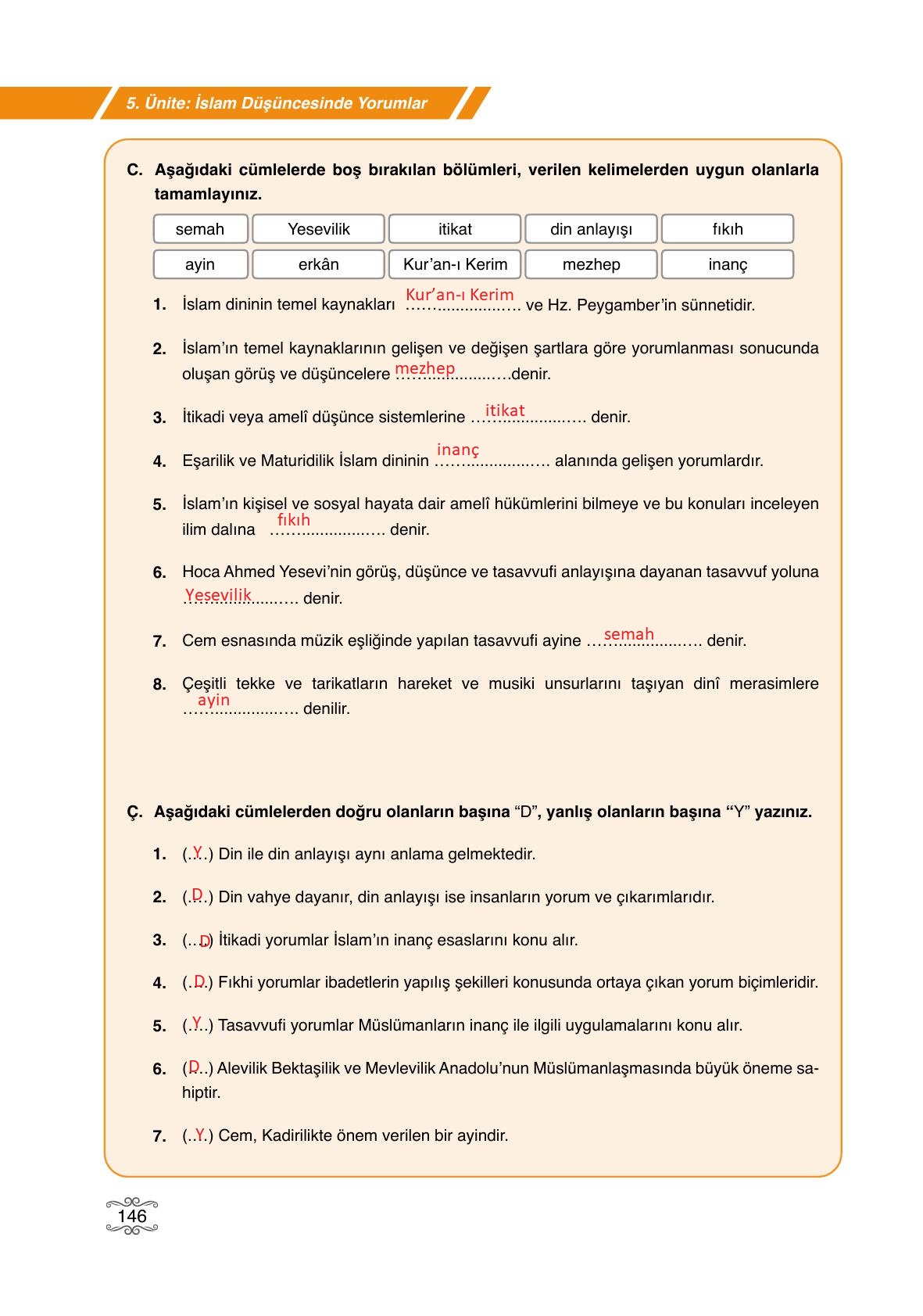 7. Sınıf Erkad Yayınları Din Kültürü Ders Kitabı Sayfa 146 Cevapları