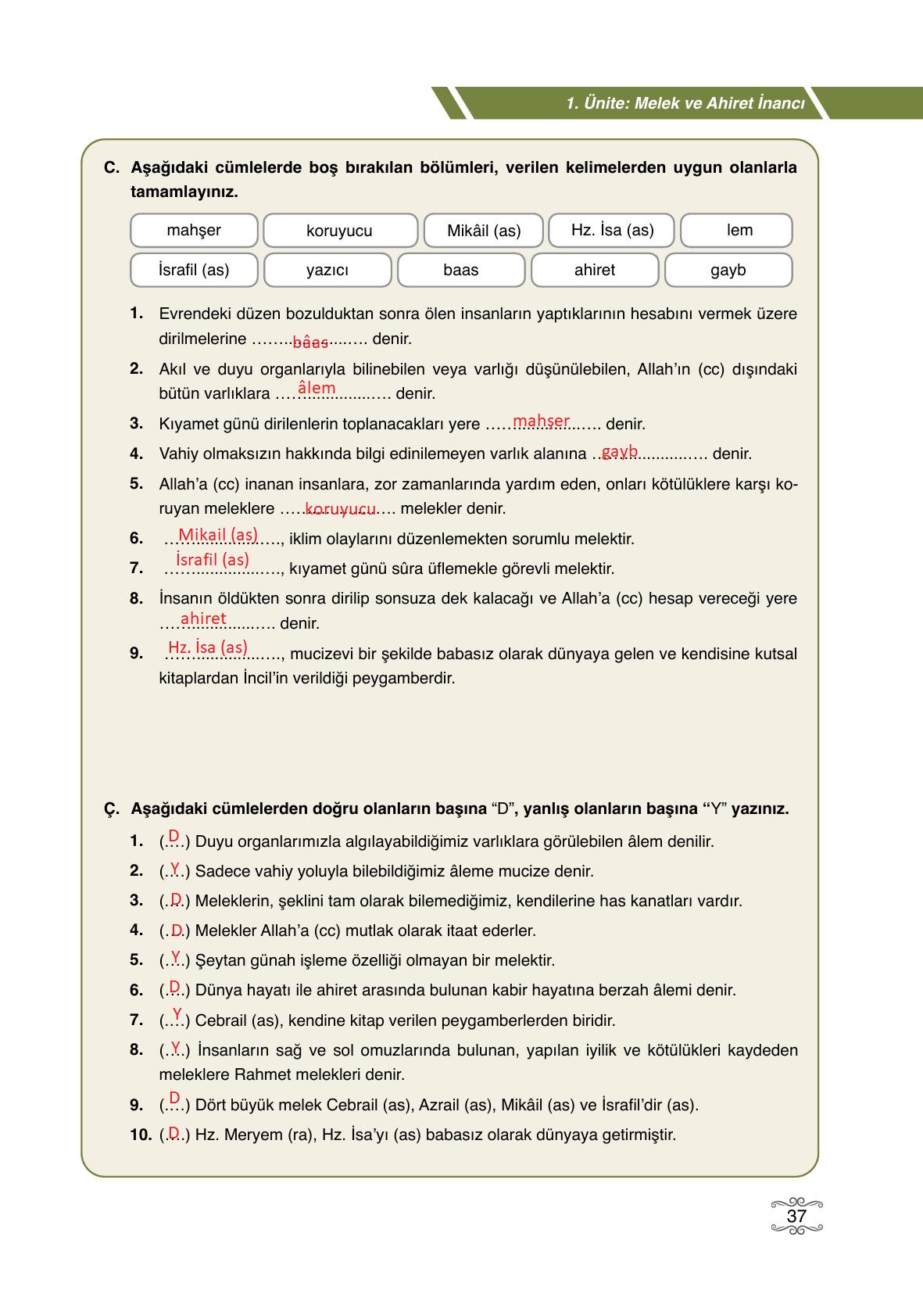 7. Sınıf Erkad Yayınları Din Kültürü Ders Kitabı Sayfa 37 Cevapları