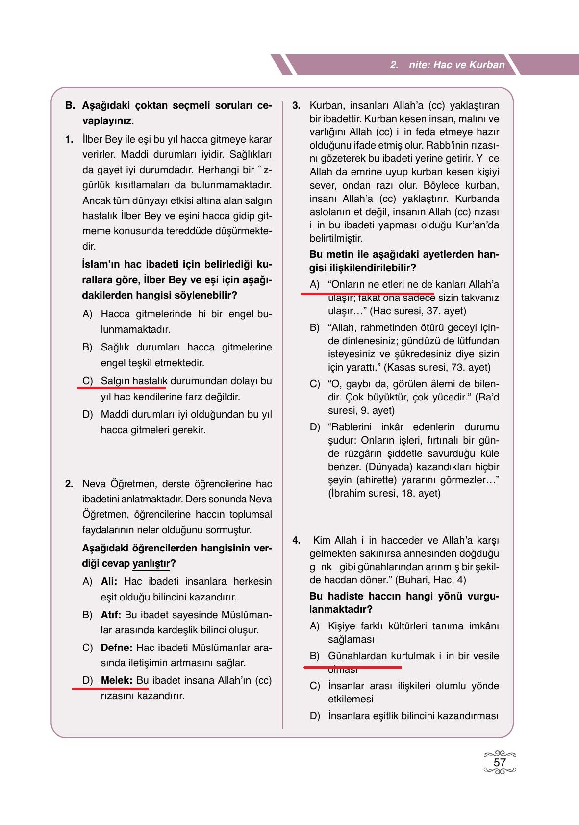 7. Sınıf Erkad Yayınları Din Kültürü Ders Kitabı Sayfa 57 Cevapları