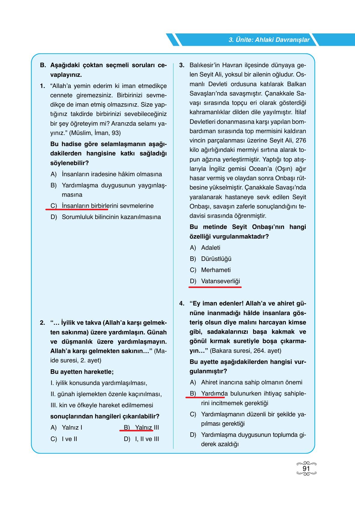 7. Sınıf Erkad Yayınları Din Kültürü Ders Kitabı Sayfa 91 Cevapları