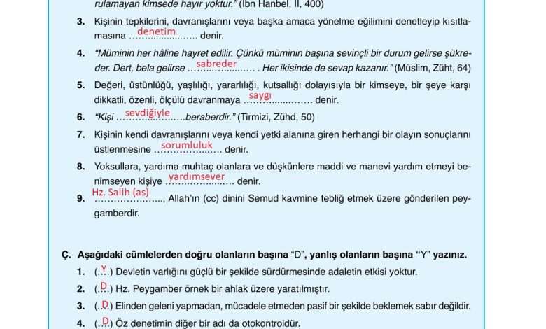 7. Sınıf Erkad Yayınları Din Kültürü Ders Kitabı Sayfa 93 Cevapları