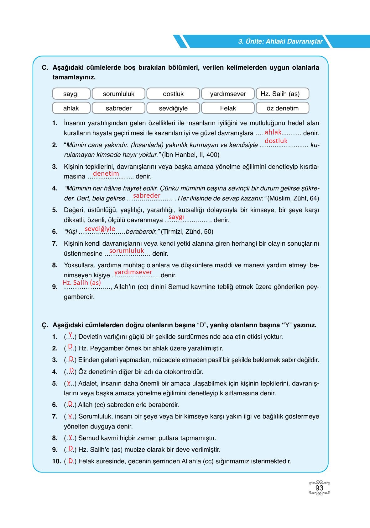 7. Sınıf Erkad Yayınları Din Kültürü Ders Kitabı Sayfa 93 Cevapları