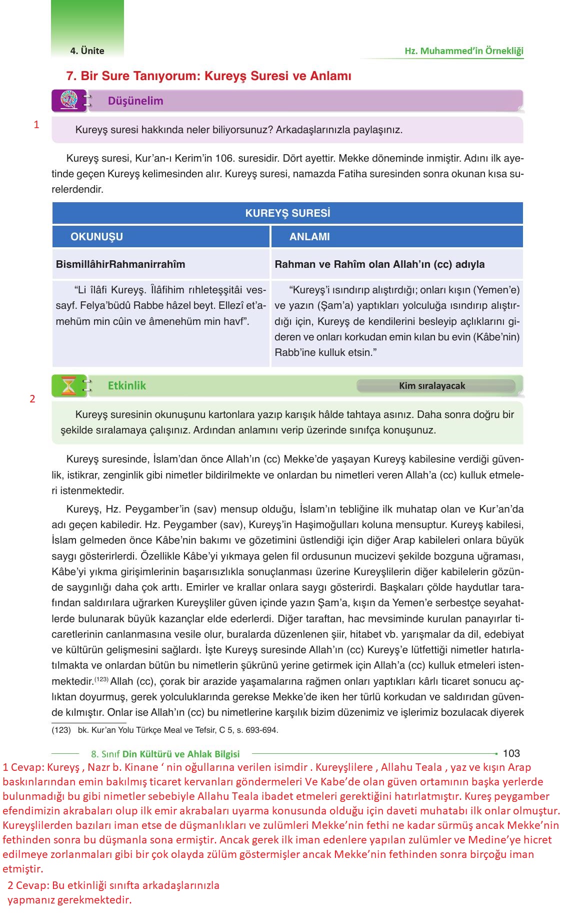 8. Sınıf Gezegen Yayınları Din Kültürü Ders Kitabı Sayfa 103 Cevapları