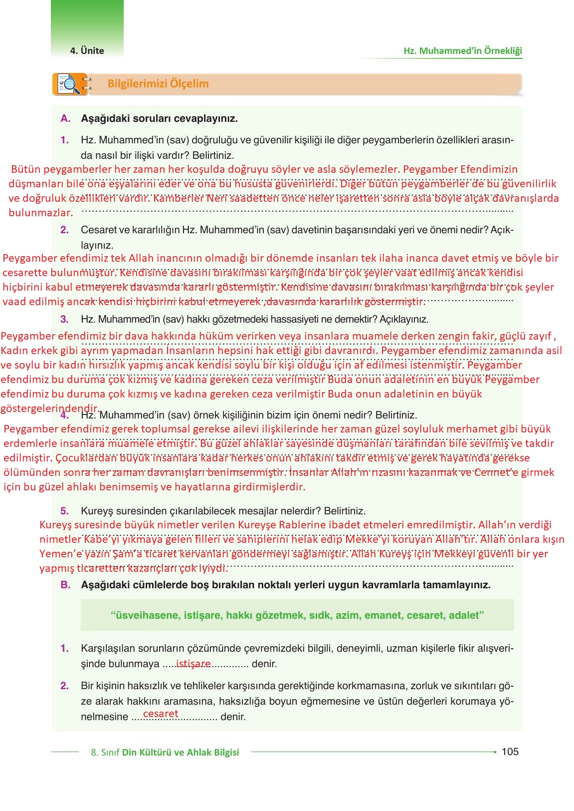 8. Sınıf Gezegen Yayınları Din Kültürü Ders Kitabı Sayfa 105 Cevapları