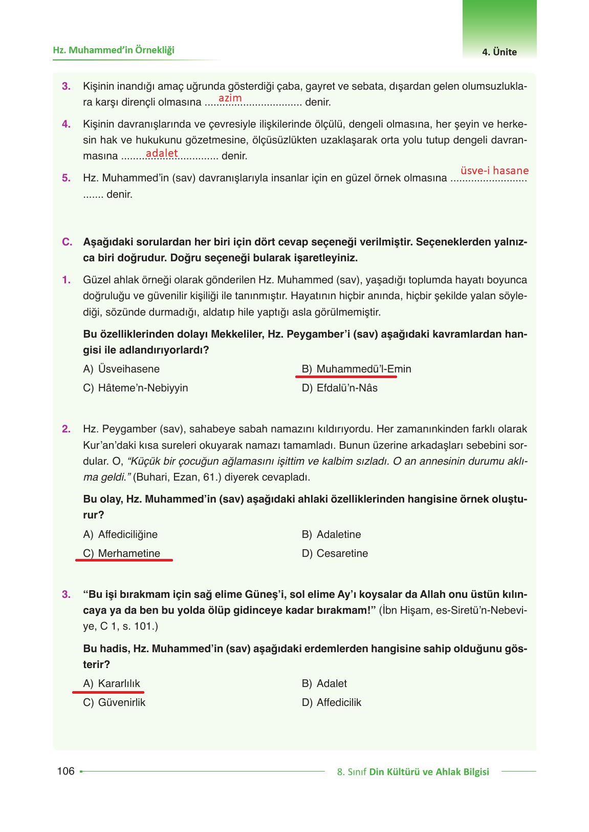 8. Sınıf Gezegen Yayınları Din Kültürü Ders Kitabı Sayfa 106 Cevapları